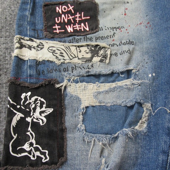 Smoke Rise Shorts Mens 40 Blue Distressed Patchwork Paint Splatter Denim Frayed - Picture 8 of 13